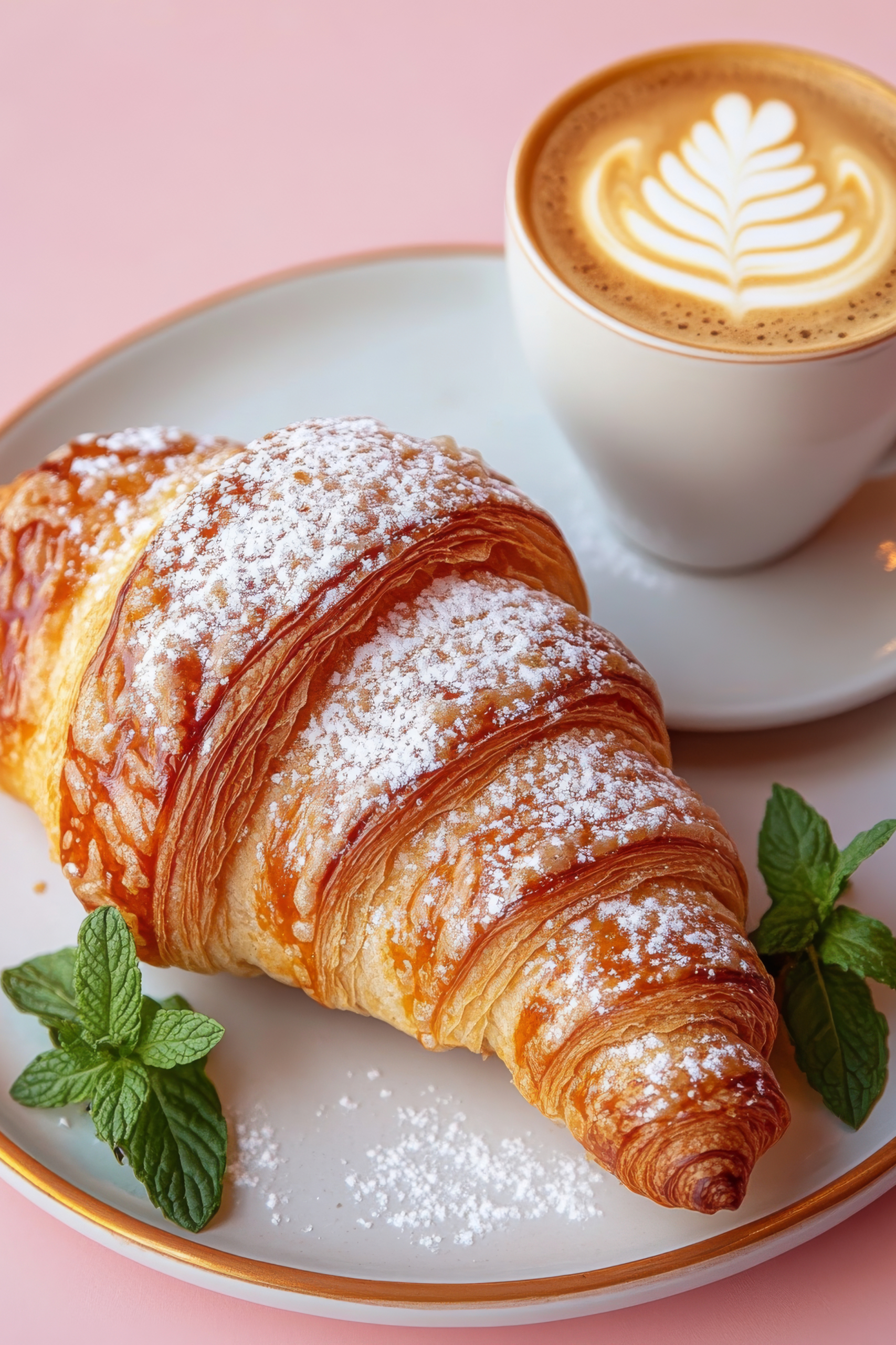 A croissant dusted with icing sugar on a plate beside a cup of coffee with latte art on a pink background.