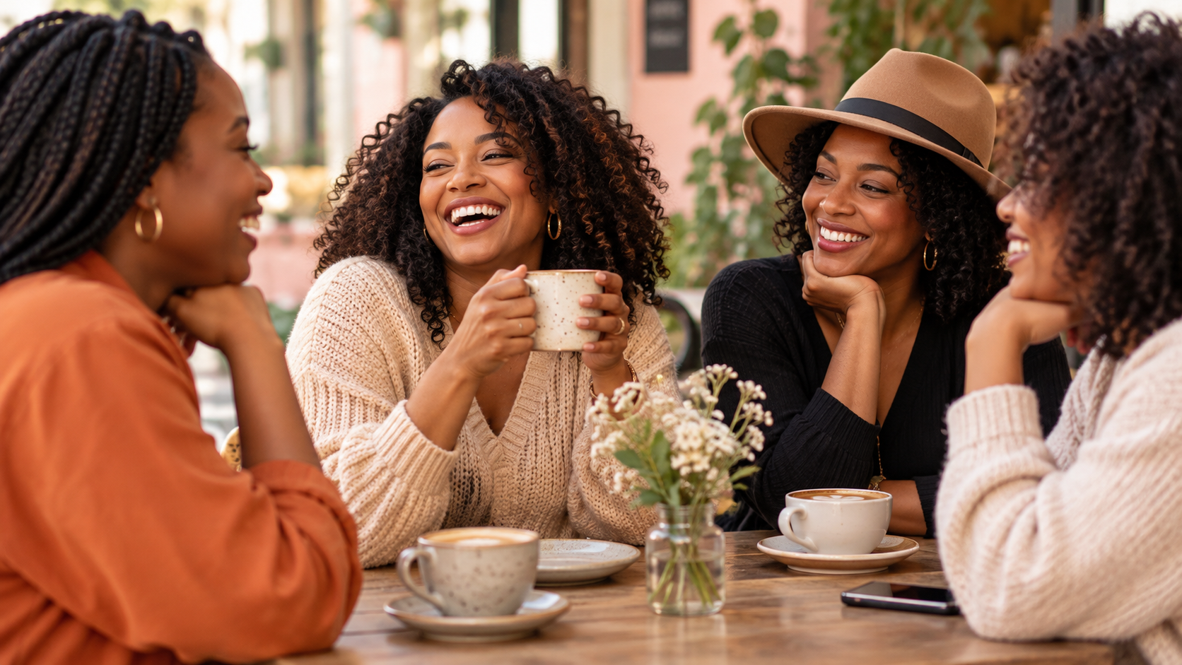 Four women laughing and enjoying coffee together at a café.