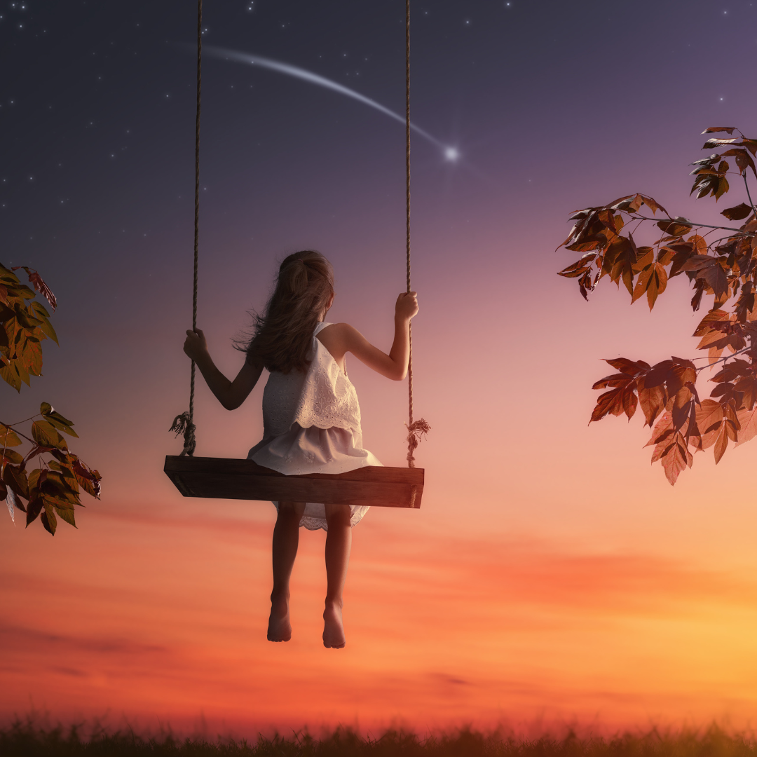 NefeWellnesscom Podcast – Unlocking Excellence Your Guide to Full Potential A young girl in a white dress swings on a wooden swing under a twilight sky adorned with stars and a shooting star, surrounded by autumn leaves.