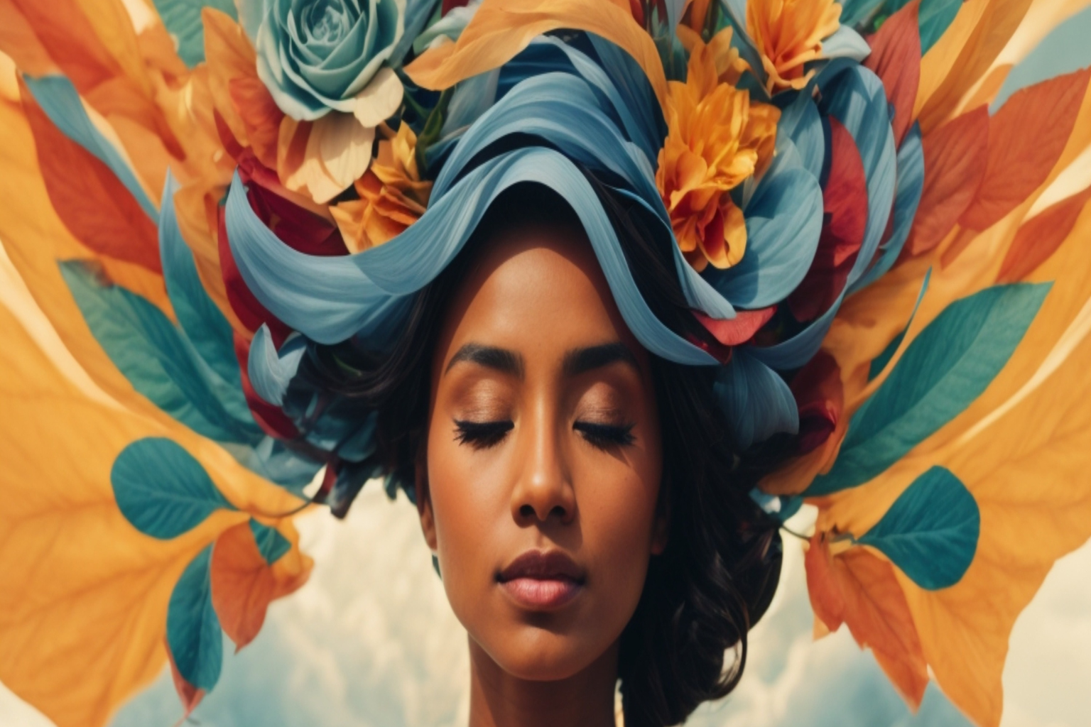 Lessons from The Power of the Subconscious Mind C&C #37 A serene woman with her eyes closed wearing a vibrant crown of blue, yellow, and orange flowers, symbolizing inner peace, mindset growth, and subconscious transformation.