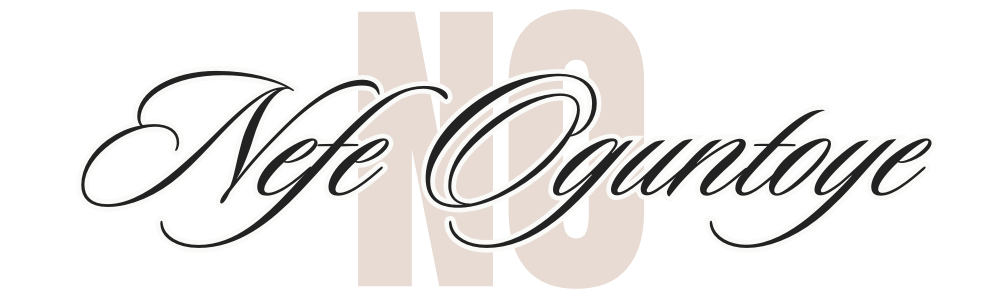 Nefe Oguntoye “NO” logo with elegant script lettering over bold initials on a dark background.