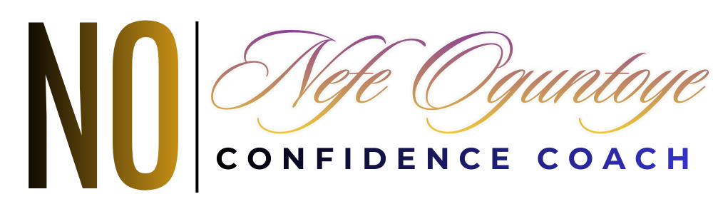Nefe Oguntoye “NO” logo featuring gold initials, elegant script lettering, and the words “Confidence Coach” on a dark background.