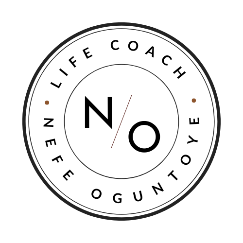 Circular “Life Coach” logo stamp for Nefe Oguntoye featuring the initials N/O in the centre.