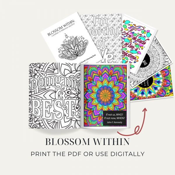 Blossom Within personal growth colouring book cover with mandala design and inspirational theme