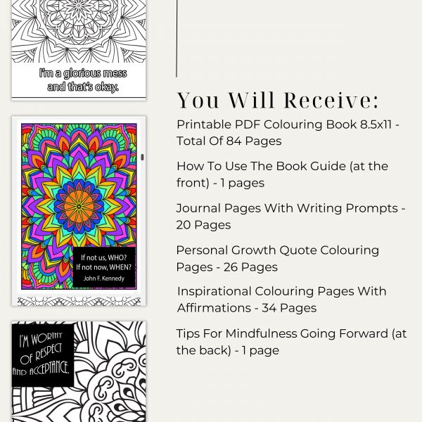 Printable affirmation colouring pages from Blossom Within personal growth colouring book
