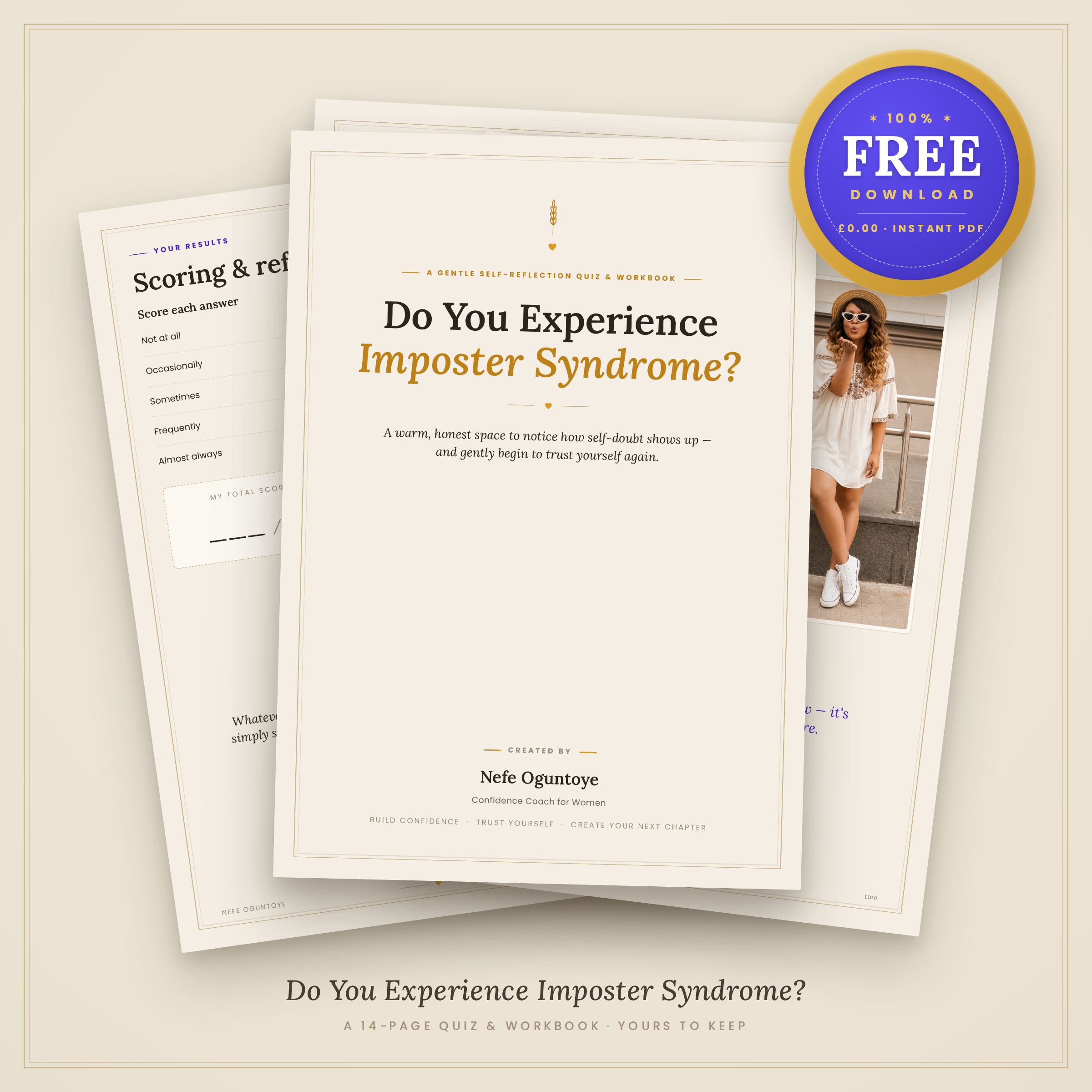 Do You Experience Imposter Syndrome? – Free Quiz & Workbook-mockup Cover mockup of "Do You Experience Imposter Syndrome?", a free 14-page self-reflection quiz and workbook by confidence coach Nefe Oguntoye, with a gold "Free Download · £0.00" seal and interior pages fanned behind the cover.