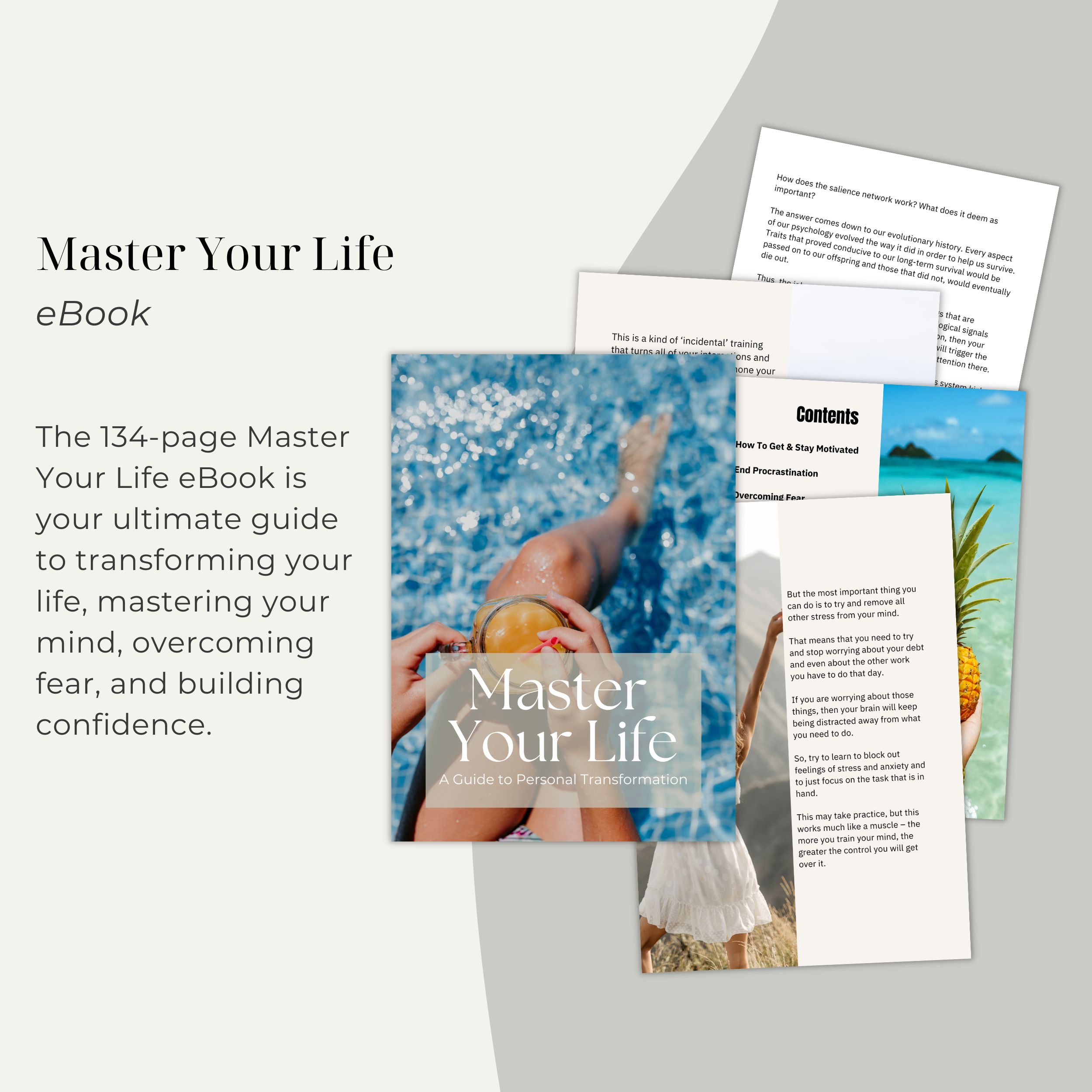 Master Your Life ebook product display showing multiple chapters and personal development content