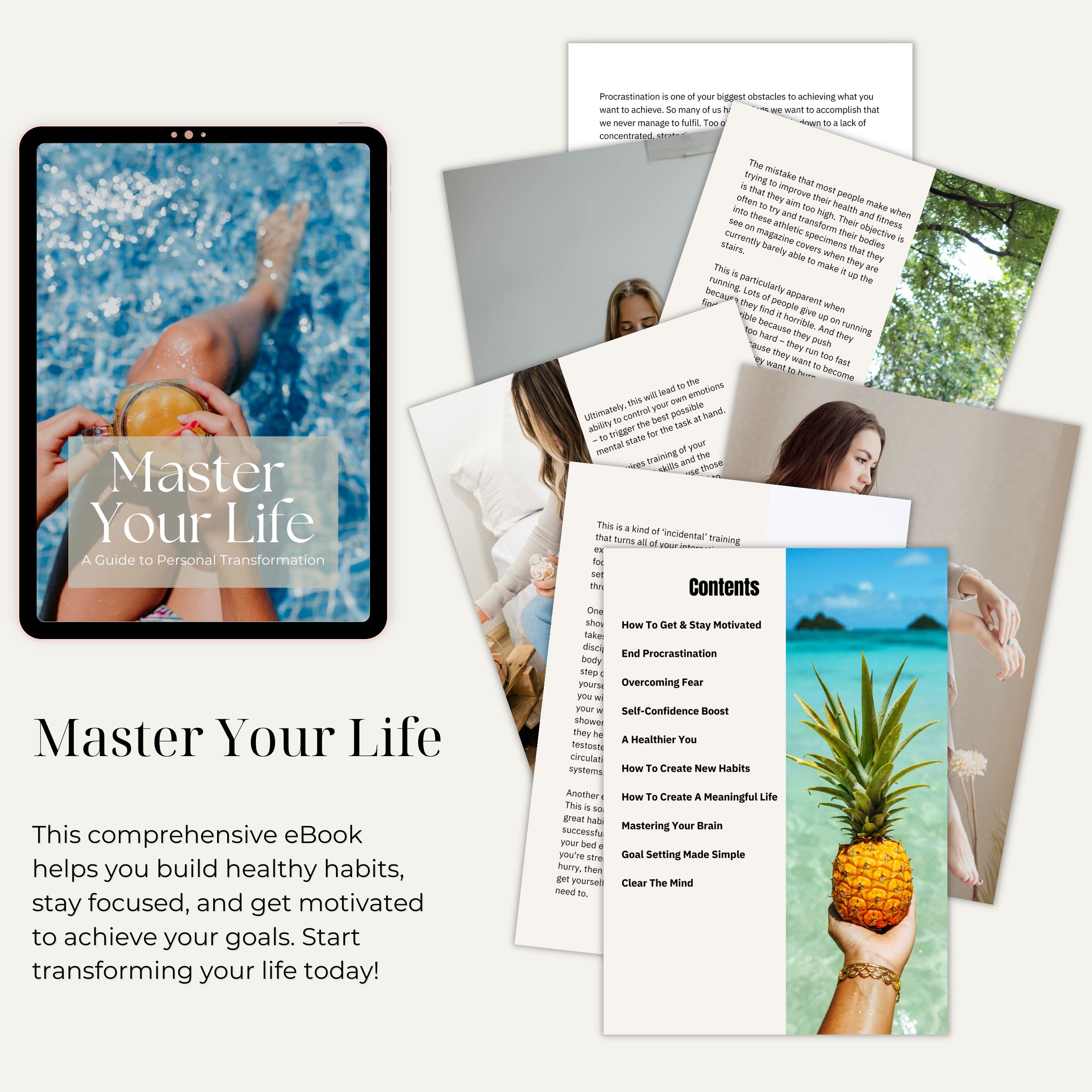 Master Your Life ebook preview showing personal development chapters and workbook pages