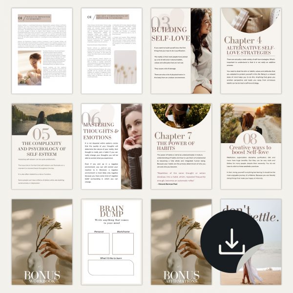 The Self-Love Manifesto what’s included image showing ebook chapters and workbook sheets