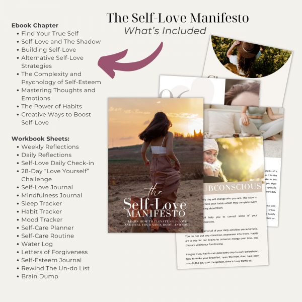 The Self-Love Manifesto ebook and workbook preview showing chapters and workbook pages