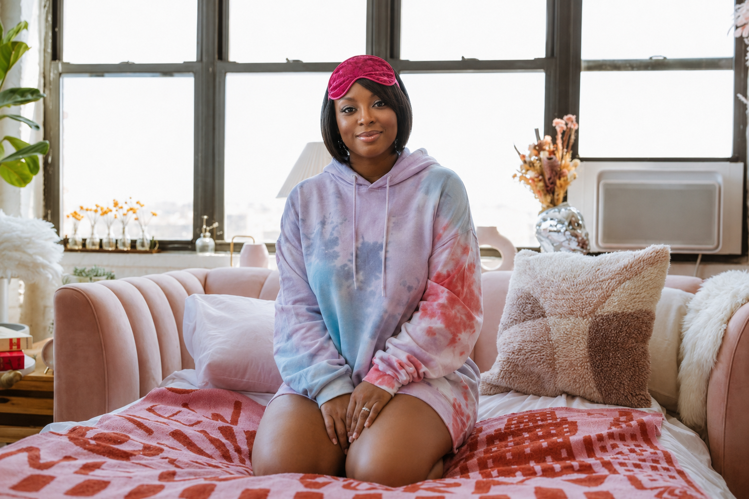 Nefe in a cozy pastel lounge