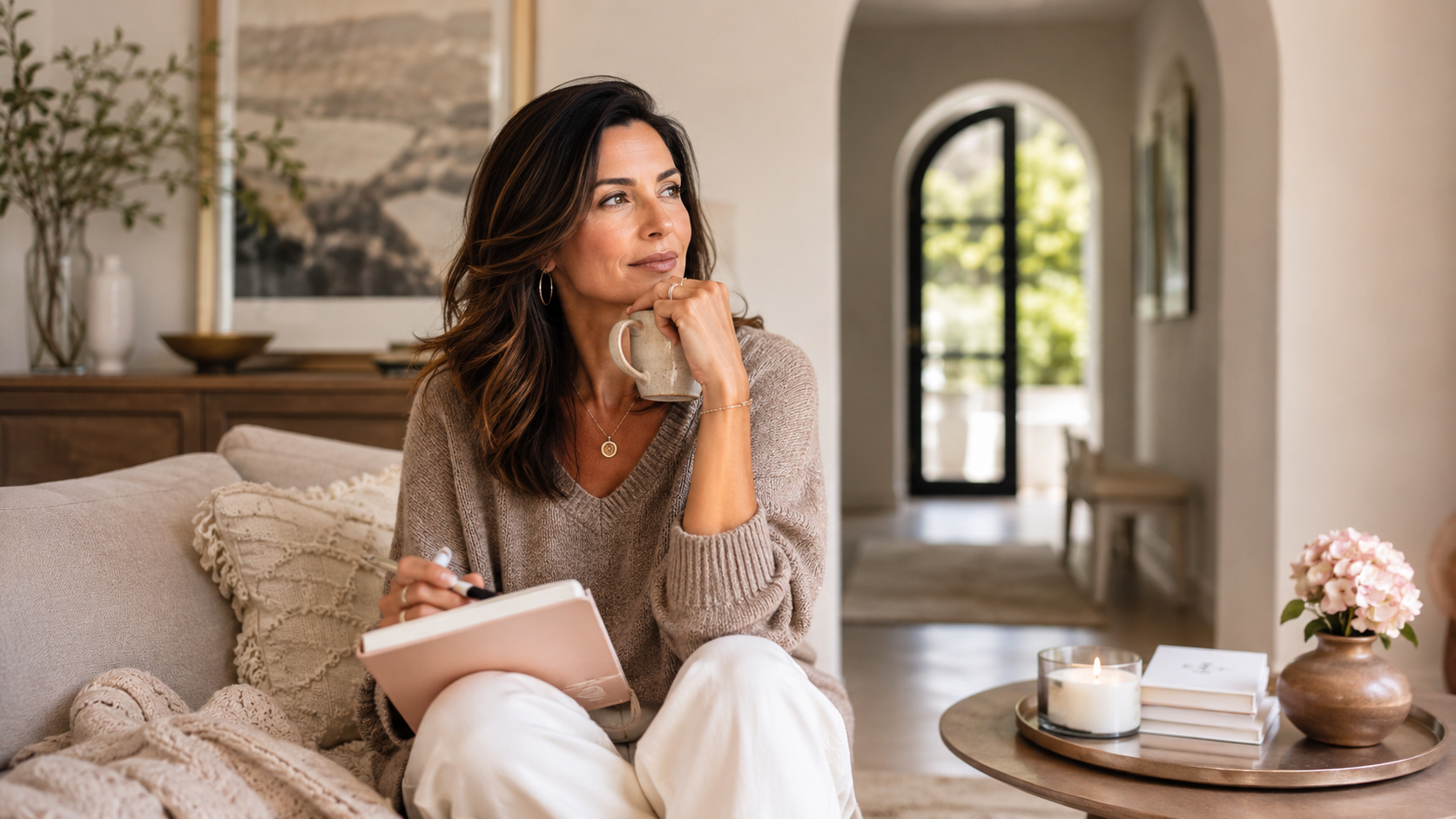 Woman sitting on a sofa with a notebook and mug, looking thoughtful in a calm living room setting.