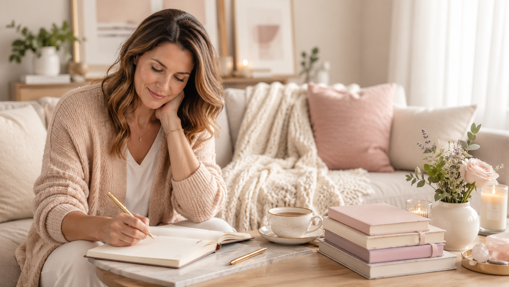 Woman writing in a journal in a soft neutral living room with books, coffee, flowers and candles nearby.