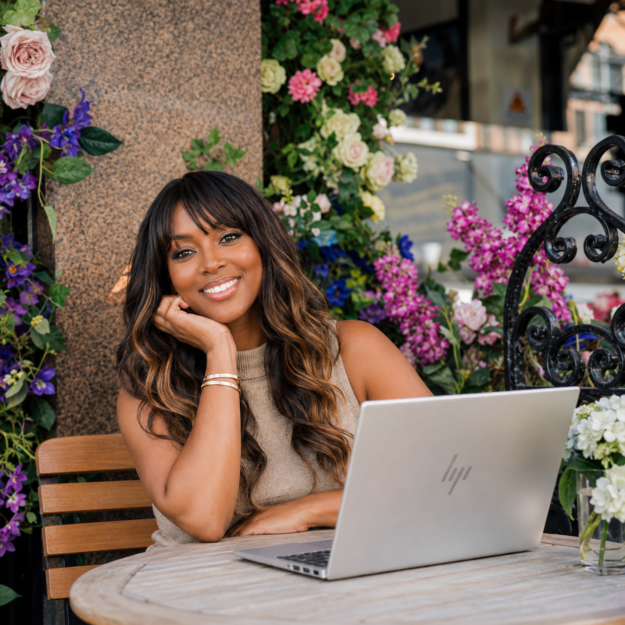 Nefe Oguntoye, confidence coach for women, working from a flower-filled outdoor café in London